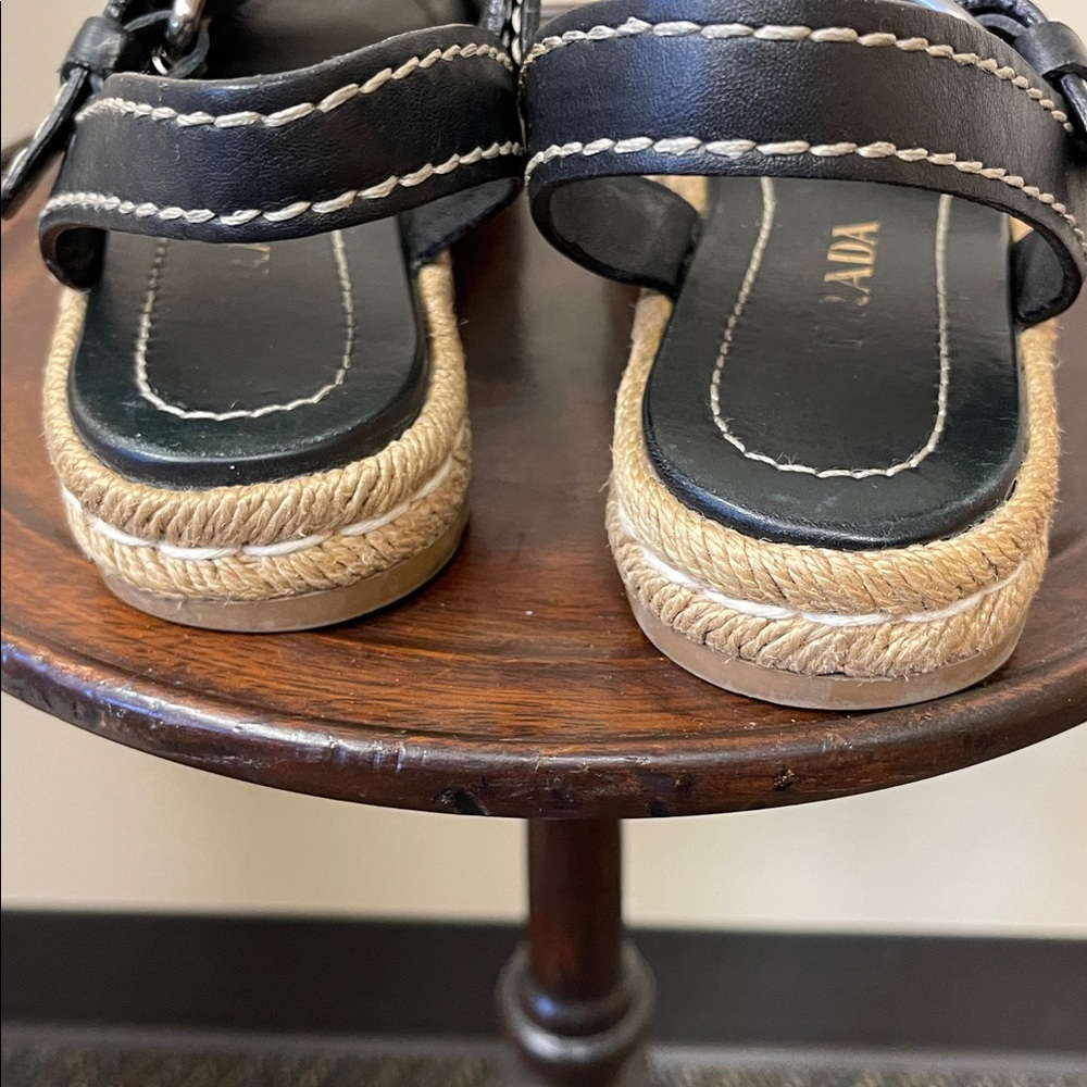 Prada Vitello Montana Logo Espadrille Sandals in Black.Sz 6.5. Stylish & Comfy - Picture 6 of 7